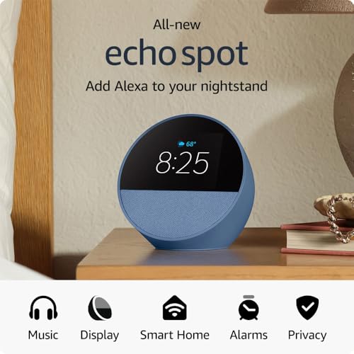 All-new Amazon Echo Spot (2024 release), Smart alarm clock with vibrant sound + Alexa, no visual ads, Black