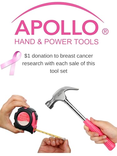 Apollo Tools Original 39 Piece General Household Tool Set in Toolbox Storage Case with Essential Hand Tools for Everyday Home Repairs, DIY and Crafts - Pink Ribbon - Pink - DT9706P