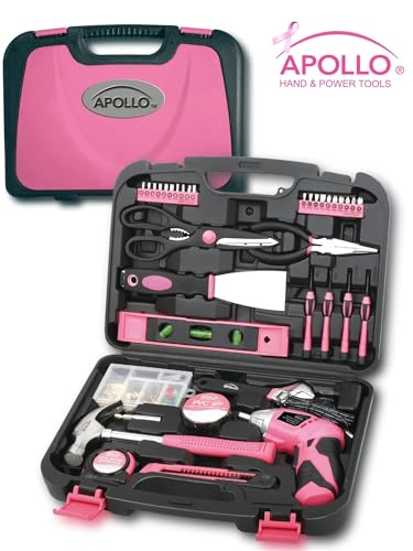 Apollo Tools Original 39 Piece General Household Tool Set in Toolbox Storage Case with Essential Hand Tools for Everyday Home Repairs, DIY and Crafts - Pink Ribbon - Pink - DT9706P