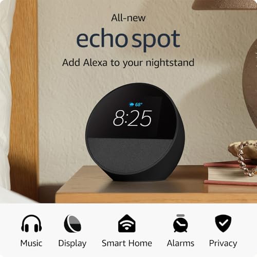 All-new Amazon Echo Spot (2024 release), Smart alarm clock with vibrant sound + Alexa, no visual ads, Black