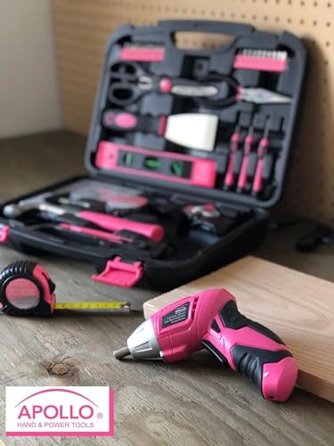 Apollo Tools Original 39 Piece General Household Tool Set in Toolbox Storage Case with Essential Hand Tools for Everyday Home Repairs, DIY and Crafts - Pink Ribbon - Pink - DT9706P