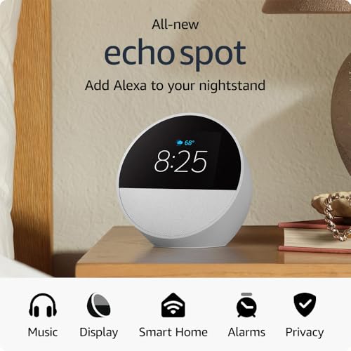 All-new Amazon Echo Spot (2024 release), Smart alarm clock with vibrant sound + Alexa, no visual ads, Black