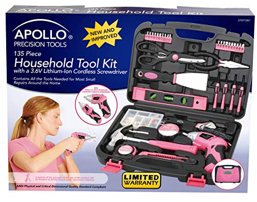 Apollo Tools Original 39 Piece General Household Tool Set in Toolbox Storage Case with Essential Hand Tools for Everyday Home Repairs, DIY and Crafts - Pink Ribbon - Pink - DT9706P