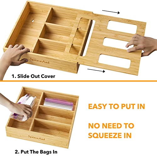 SpaceAid Bag Storage Organizer for Kitchen Drawer, Bamboo Organizer, Compatible with Gallon, Quart, Sandwich and Snack Variety Size Bag (1 Box 4 Slots)