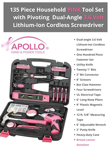 Apollo Tools Original 39 Piece General Household Tool Set in Toolbox Storage Case with Essential Hand Tools for Everyday Home Repairs, DIY and Crafts - Pink Ribbon - Pink - DT9706P