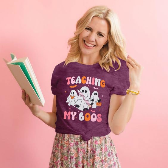 Teacher Halloween Shirt Spooky Tshirt: Teaching My Boos Tee - Womens Cute Ghost T Shirt Casual Short Sleeve Fall Tops