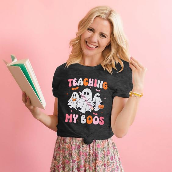 Teacher Halloween Shirt Spooky Tshirt: Teaching My Boos Tee - Womens Cute Ghost T Shirt Casual Short Sleeve Fall Tops