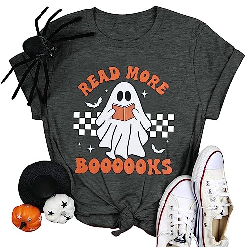 Halloween Teacher Shirts for Women Groovy Read More Books Ghost T-Shirt Short Sleeve Halloween Party Tee Tops