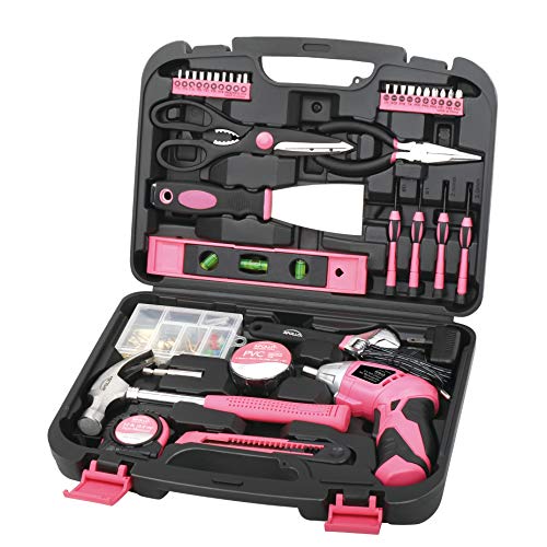 Apollo Tools Original 39 Piece General Household Tool Set in Toolbox Storage Case with Essential Hand Tools for Everyday Home Repairs, DIY and Crafts - Pink Ribbon - Pink - DT9706P