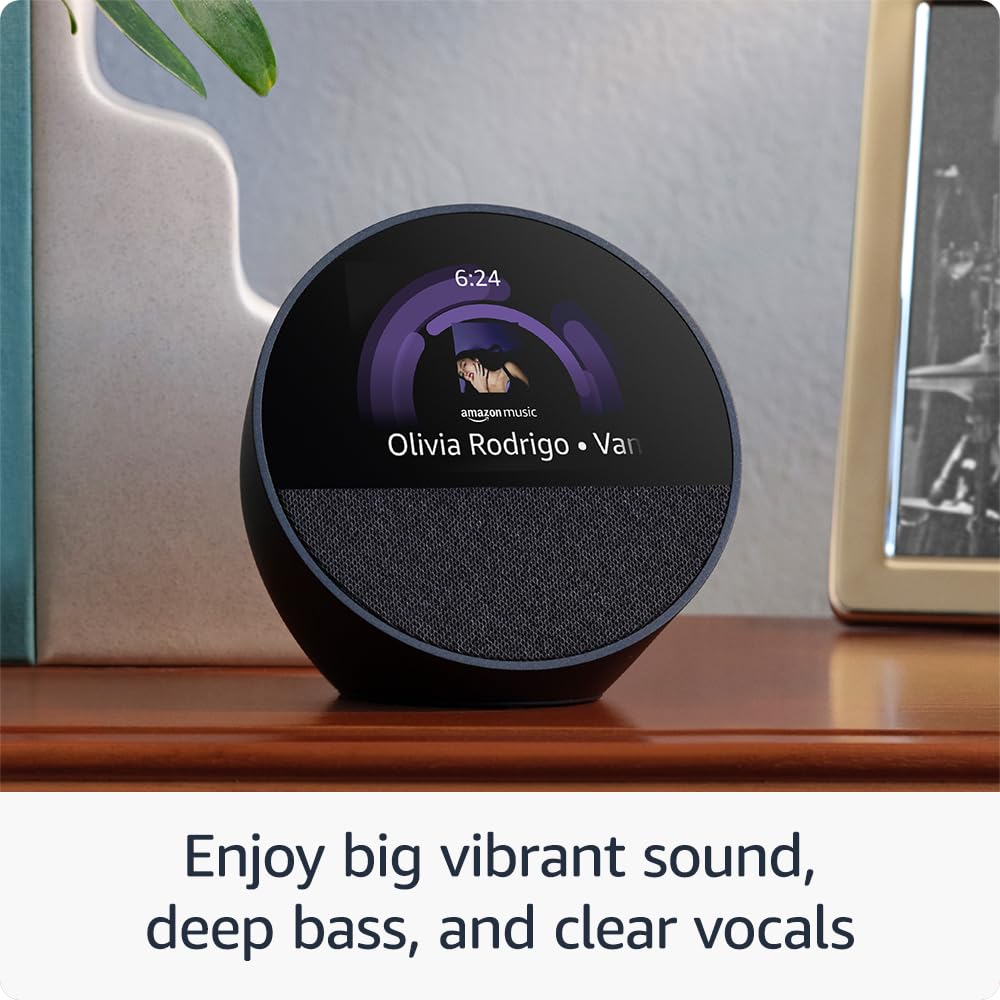 All-new Amazon Echo Spot (2024 release), Smart alarm clock with vibrant sound + Alexa, no visual ads, Black