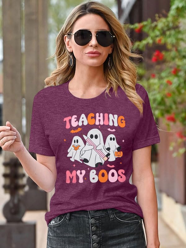 Teacher Halloween Shirt Spooky Tshirt: Teaching My Boos Tee - Womens Cute Ghost T Shirt Casual Short Sleeve Fall Tops