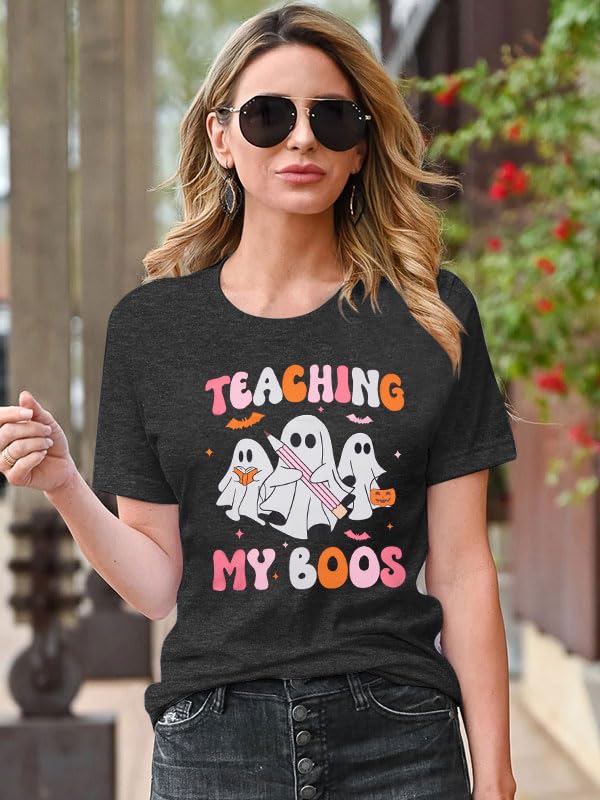 Teacher Halloween Shirt Spooky Tshirt: Teaching My Boos Tee - Womens Cute Ghost T Shirt Casual Short Sleeve Fall Tops