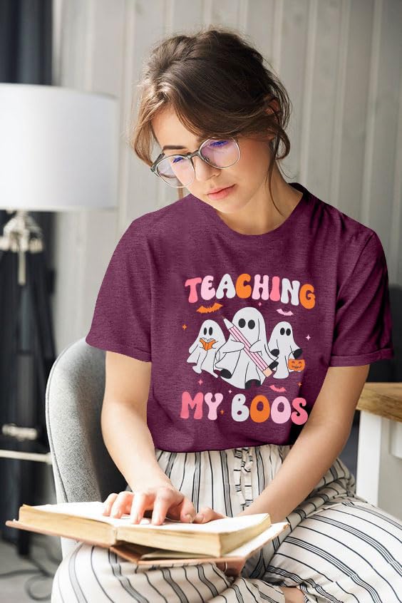 Teacher Halloween Shirt Spooky Tshirt: Teaching My Boos Tee - Womens Cute Ghost T Shirt Casual Short Sleeve Fall Tops