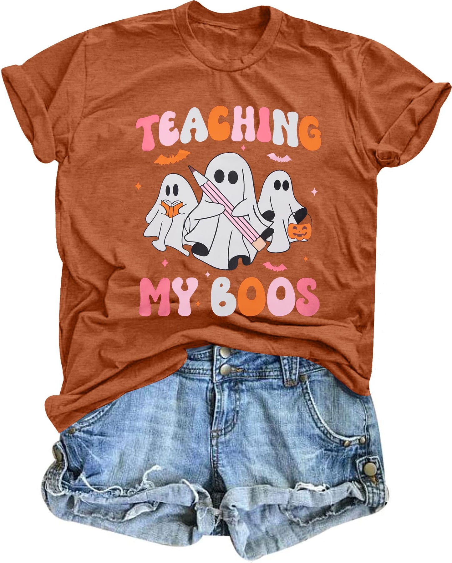 Teacher Halloween Shirt Spooky Tshirt: Teaching My Boos Tee - Womens Cute Ghost T Shirt Casual Short Sleeve Fall Tops