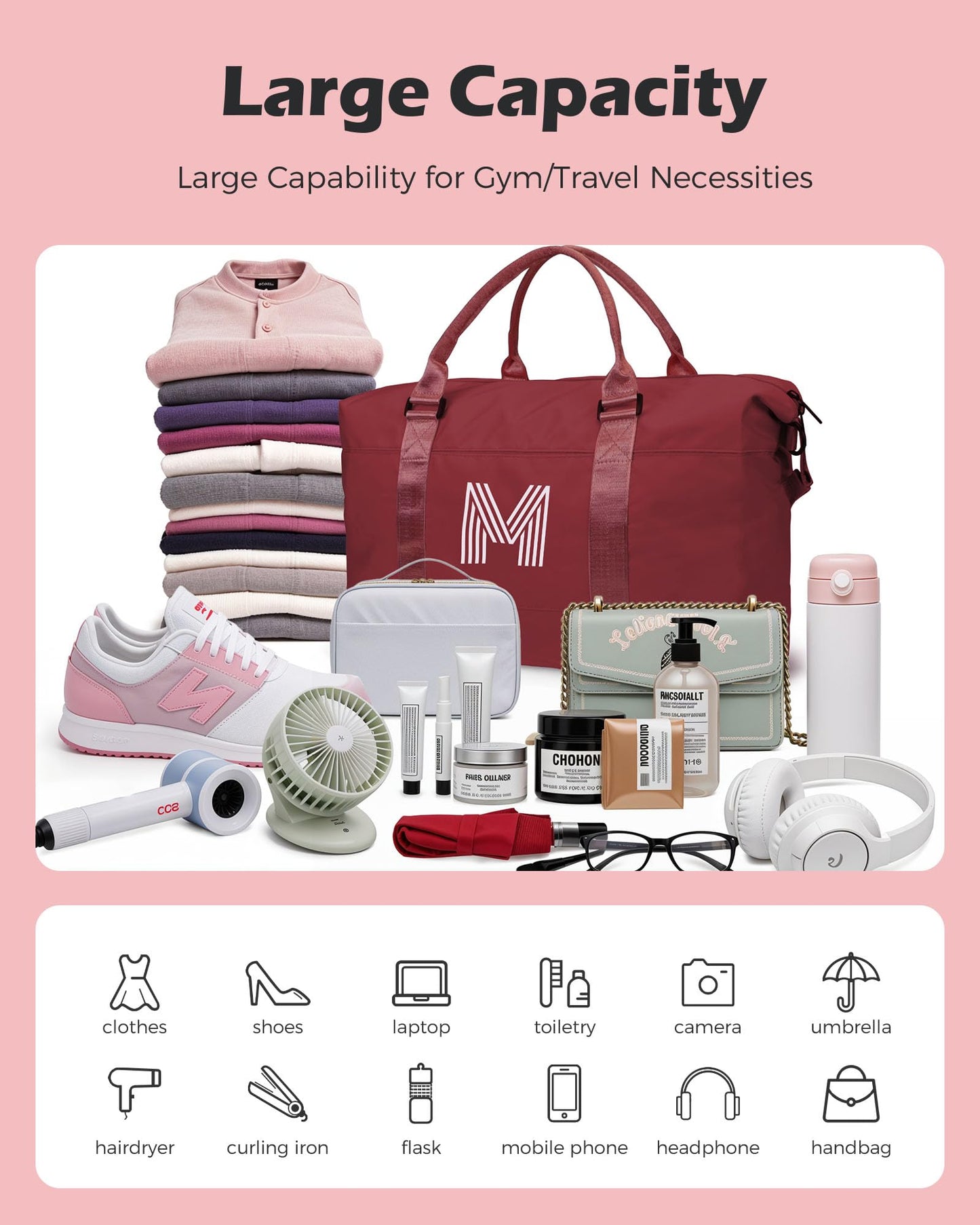 Graduation Gifts for Girls, Initial Travel Duffel Bag, Sports Bag, Personalized Weekender Bag，Monogram Overnight Bag Gift for Grandmother,Birthday Gifts Personalized Gifts (Letter M)