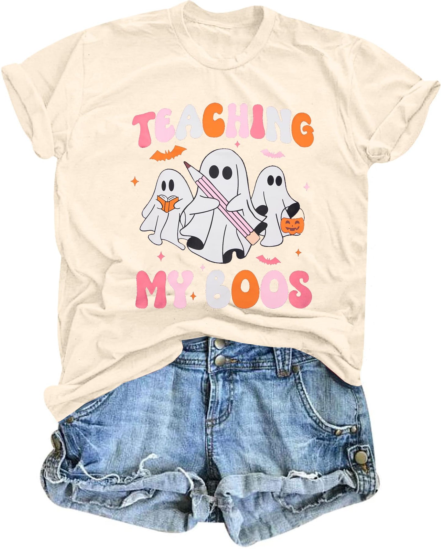 Teacher Halloween Shirt Spooky Tshirt: Teaching My Boos Tee - Womens Cute Ghost T Shirt Casual Short Sleeve Fall Tops