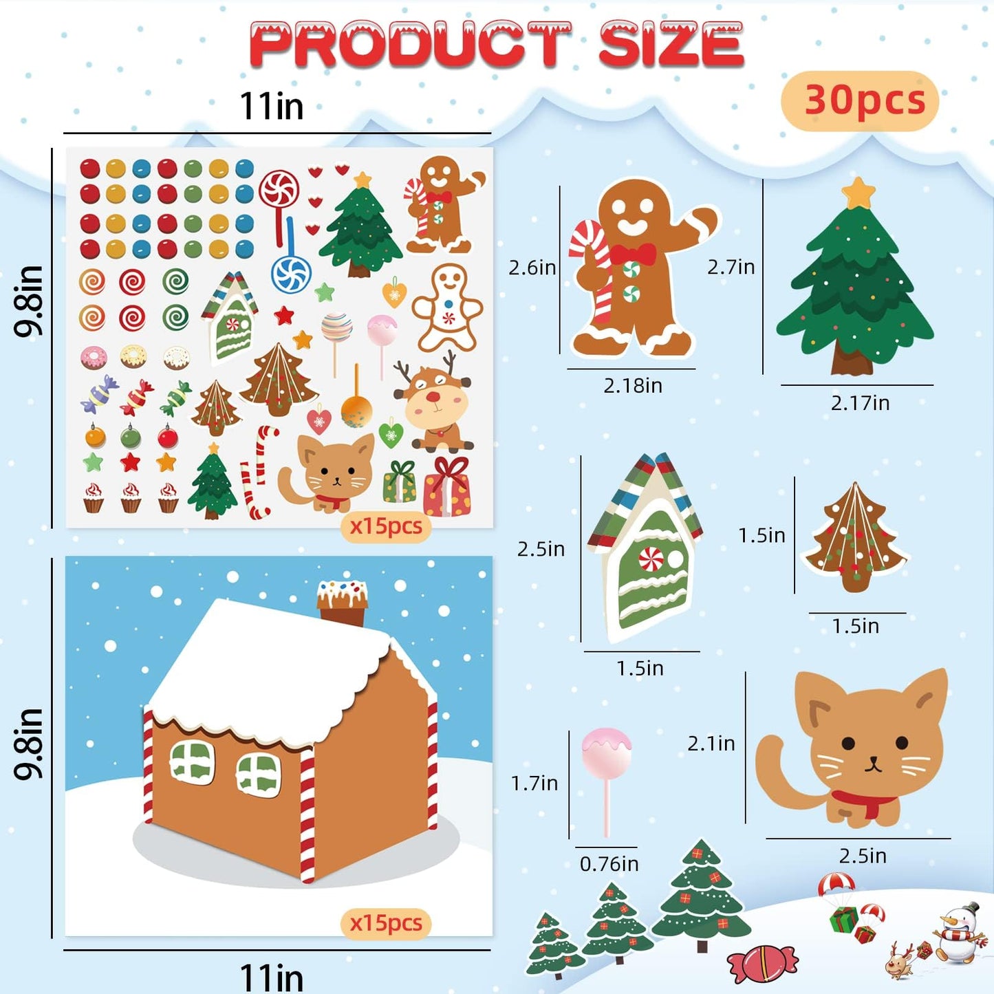 Christmas Party Favor for Kids - 30 Sheets Make a Gingerbread House DIY Craft Stickers Scenes for Xmas Holiday Activity Party Game Supplies, 15 Sets