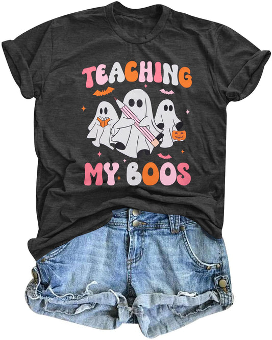 Teacher Halloween Shirt Spooky Tshirt: Teaching My Boos Tee - Womens Cute Ghost T Shirt Casual Short Sleeve Fall Tops