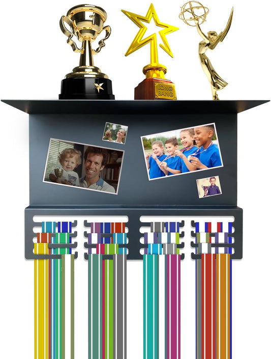 Medal Hanger Display with Trophy Shelf | 16.5" Premium Medal Holder for Wall | Metal Display Hanger | Magnetic Photo and Memorabilia Medals Display Area | Kids Medal Display for 48+ | Perfect for Gift