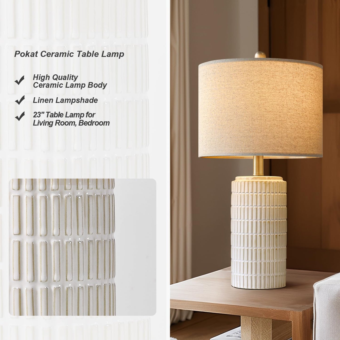 PoKat 23" Modern Ceramic Table Lamp Set of 2 for Living Room White Desk Lamps for Bedroom Farmhouse Bedside Nightstand Bedside Lamp End Table Lamps Beige