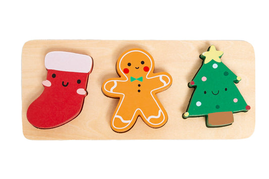 Pearhead 3 Piece Wooden Holiday Puzzle, Kids Christmas Puzzle, Holiday Puzzle Stocking Stuffer, Christmas Toys for Children, Holiday Toy Ideas, 3 Piece Set