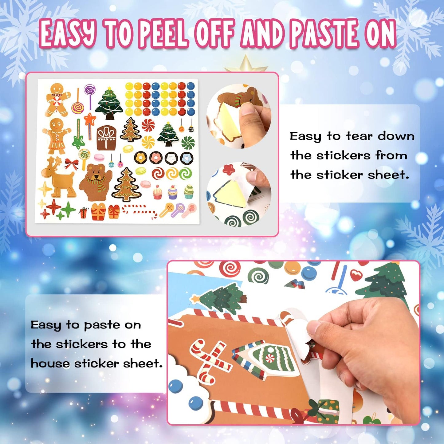 Christmas Party Favor for Kids - 30 Sheets Make a Gingerbread House DIY Craft Stickers Scenes for Xmas Holiday Activity Party Game Supplies, 15 Sets