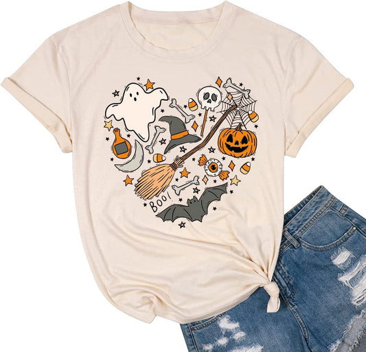 Halloween Doodles Shirt for Women Cute Vintage Graphic Halloween Party Tshirt Short Sleeve Fall Season Tees