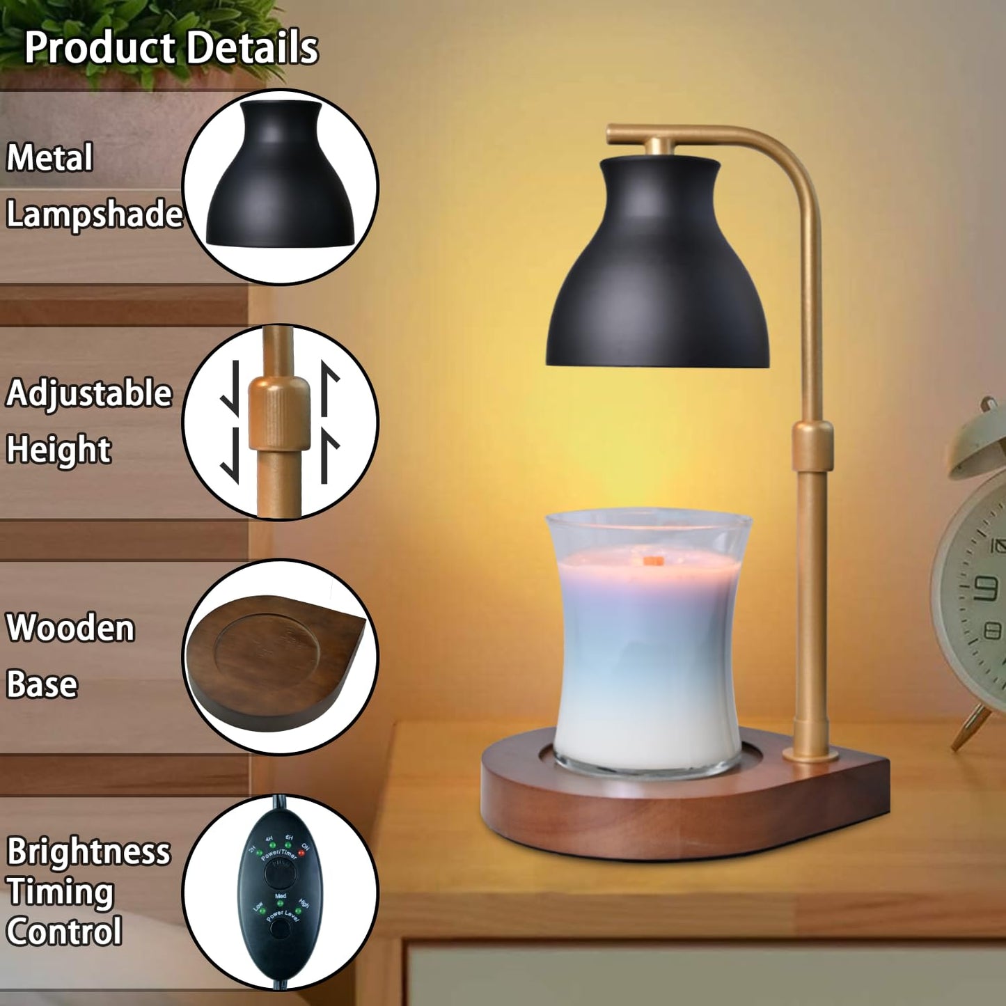 Candle Warmer Lamp with Timer - Electric Candle Lamp Warmer, Birthday Gifts for Women, for Mom, House Warming Gifts New Home, Candle Warmer for Jar Candles with 2 Bulbs BlackGold