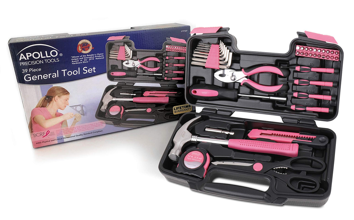 Apollo Tools Original 39 Piece General Household Tool Set in Toolbox Storage Case with Essential Hand Tools for Everyday Home Repairs, DIY and Crafts - Pink Ribbon - Pink - DT9706P