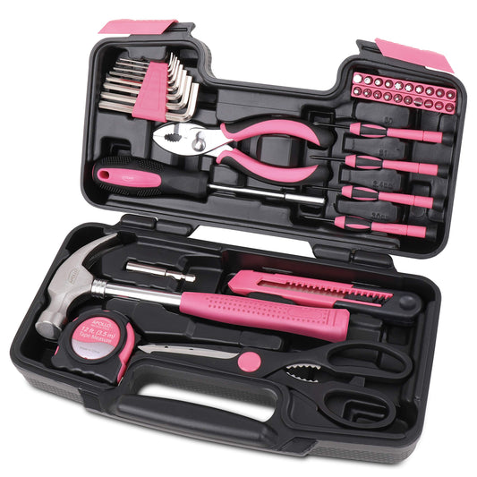 Apollo Tools Original 39 Piece General Household Tool Set in Toolbox Storage Case with Essential Hand Tools for Everyday Home Repairs, DIY and Crafts - Pink Ribbon - Pink - DT9706P