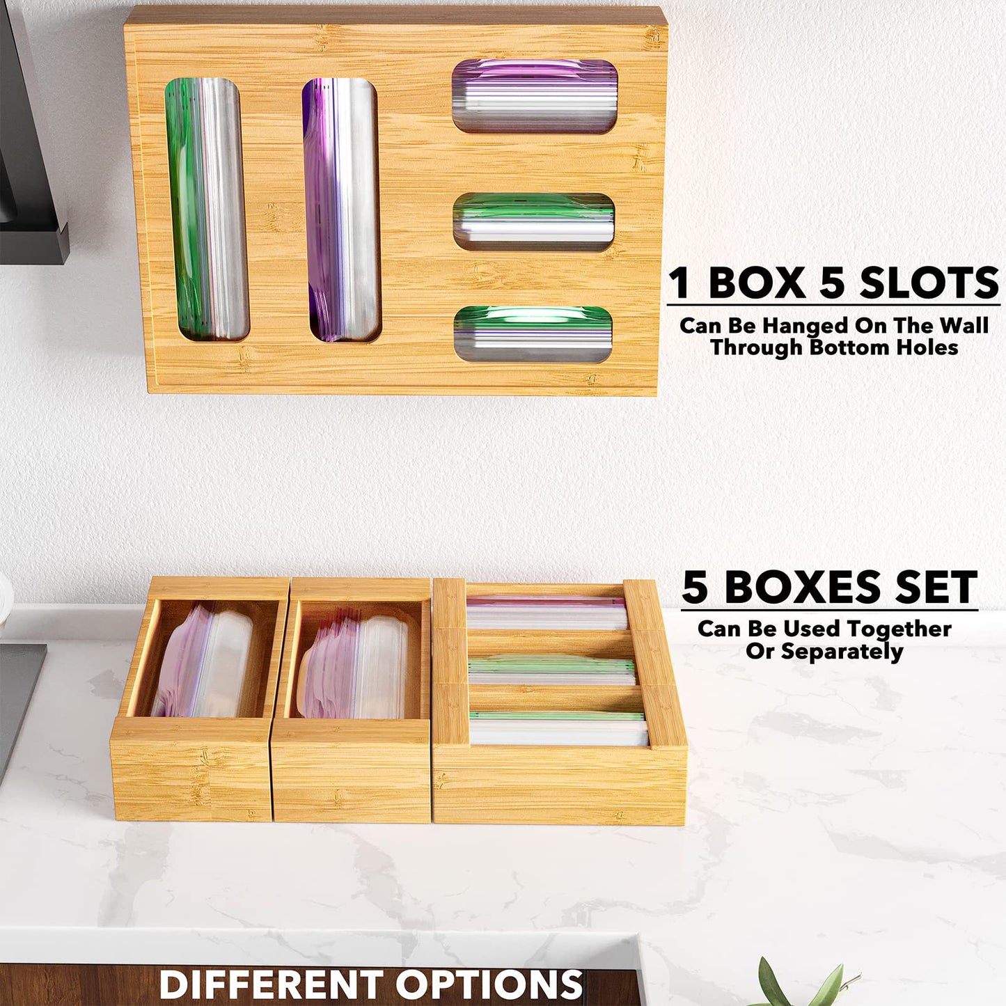 SpaceAid Bag Storage Organizer for Kitchen Drawer, Bamboo Organizer, Compatible with Gallon, Quart, Sandwich and Snack Variety Size Bag (1 Box 4 Slots)