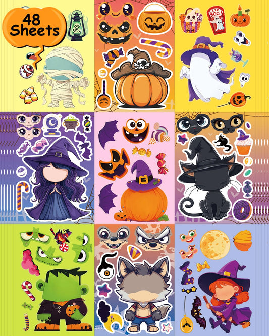 Cowcowcow 48 Sheets Halloween Stickers for Kids, Halloween Make Pumpkin Face Sticker, Halloween Holiday Party Games Stickers Bulk-Halloween Crafts Party Favors for Kids, Halloween DIY Sticker for Kids