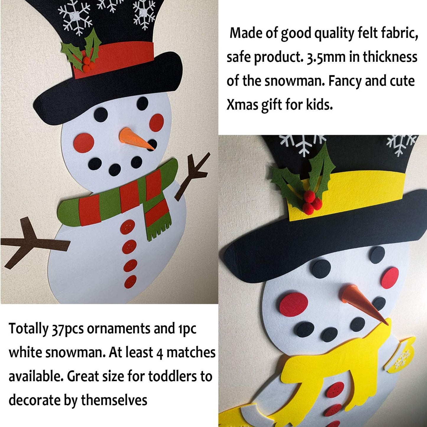 Fayoo DIY Felt Christmas Snowman Games Set with 37 pcs Detachable Ornaments, Xmas Gifts for Kids Christmas Door Wall Hanging Decor Home Decorations, 20 x 39 Inch (Snowman)