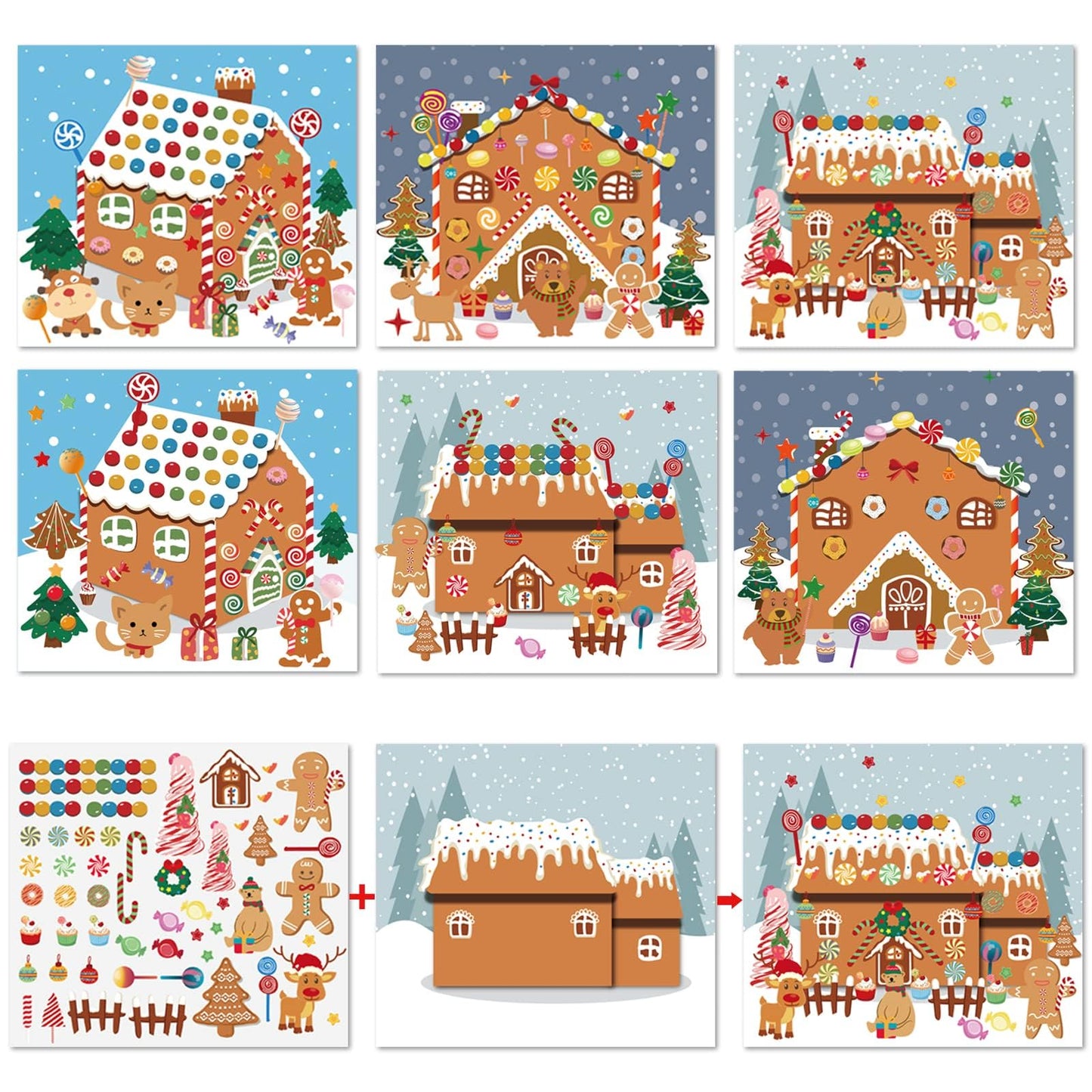 Christmas Party Favor for Kids - 30 Sheets Make a Gingerbread House DIY Craft Stickers Scenes for Xmas Holiday Activity Party Game Supplies, 15 Sets