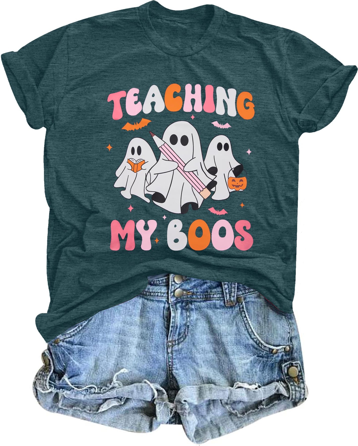 Teacher Halloween Shirt Spooky Tshirt: Teaching My Boos Tee - Womens Cute Ghost T Shirt Casual Short Sleeve Fall Tops