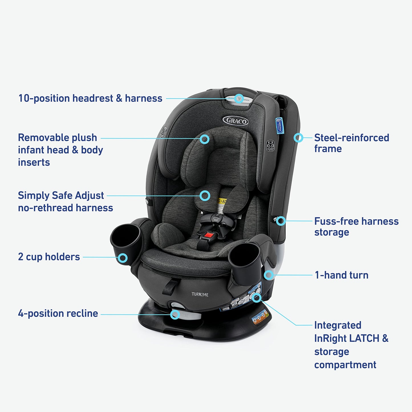 Graco Turn2Me 3-in-1 Convertible Car Seat, Rotating Seat feature, with Rear-Facing, Forward-Facing and Highback Booster options in Cambridge