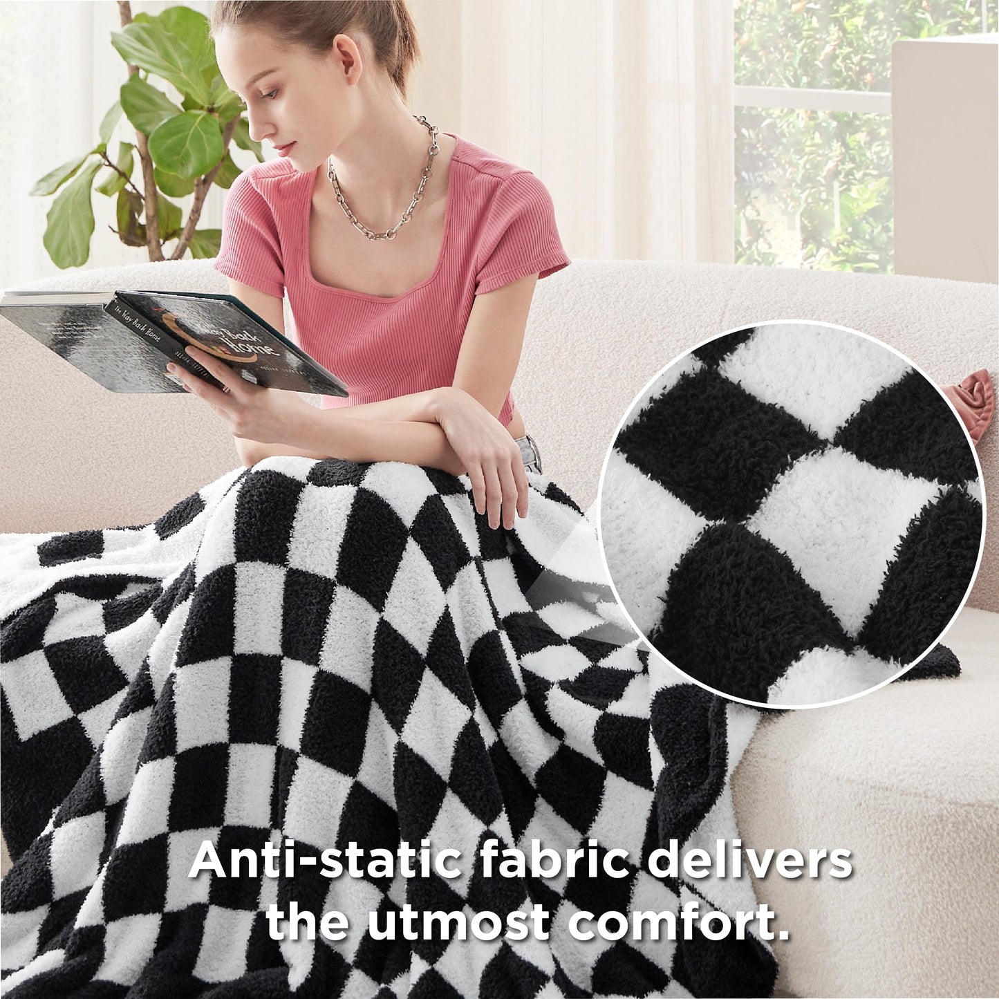 Bedsure Checkered Throw Blanket - Super Soft Knit Breathable Throw Blanket, Warm Cozy Fluffy Lightweight Summer Blanket for Couch Sofa Bed (50" x 60")