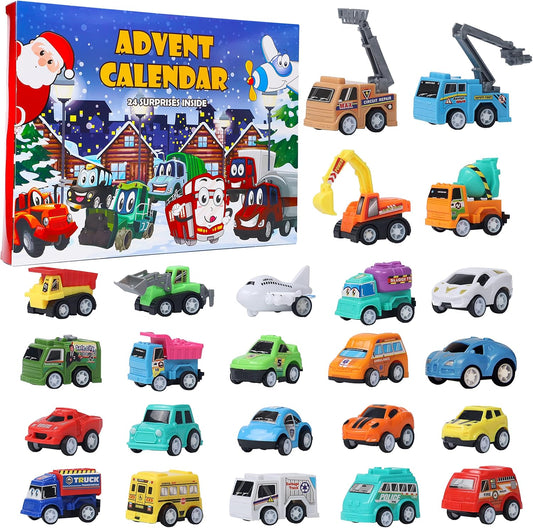 Juegoal Cars Advent Calendar 2024 for Kids, Stocking Stuffer Toy Cars with 24 Different Pull Back Vehicles Including Construction Vehicles, Race Cars, Perfect for Boys and Girls